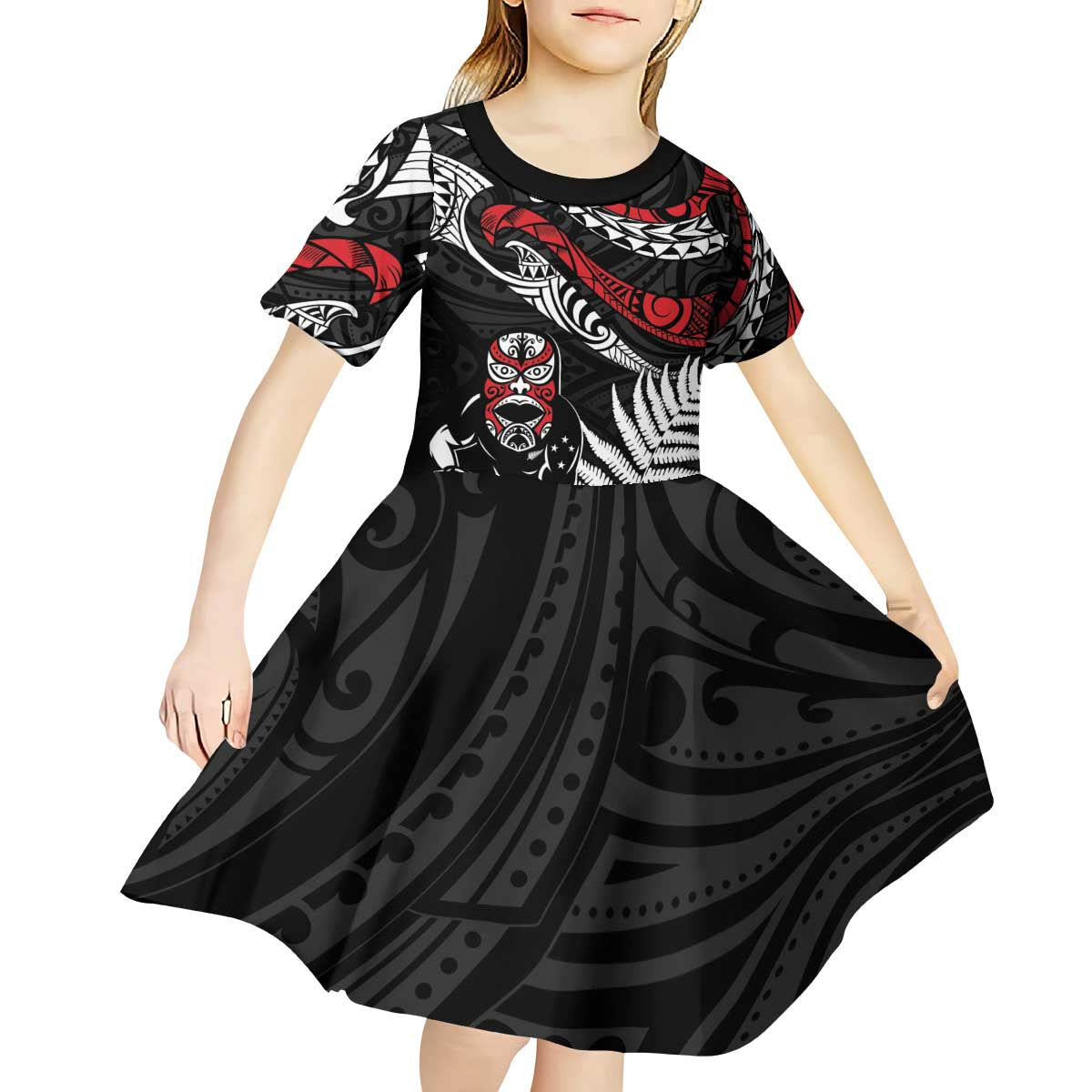 New Zealand Maori Rugby Personalised Kid Short Sleeve Dress Ta Moko Silver Fern LT7 - Polynesian Pride