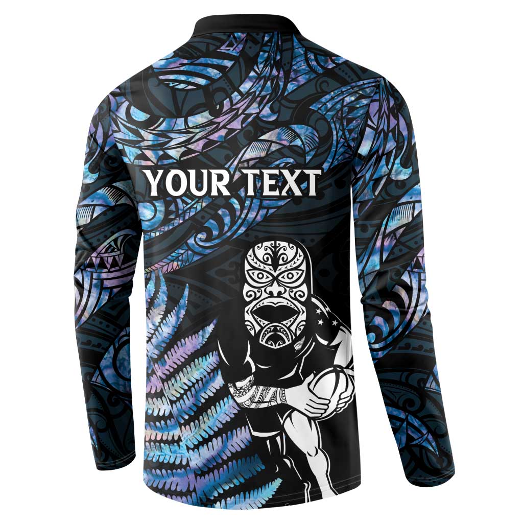New Zealand Maori Rugby Personalised Button Sweatshirt Ta Moko Silver Fern - Paua Blue
