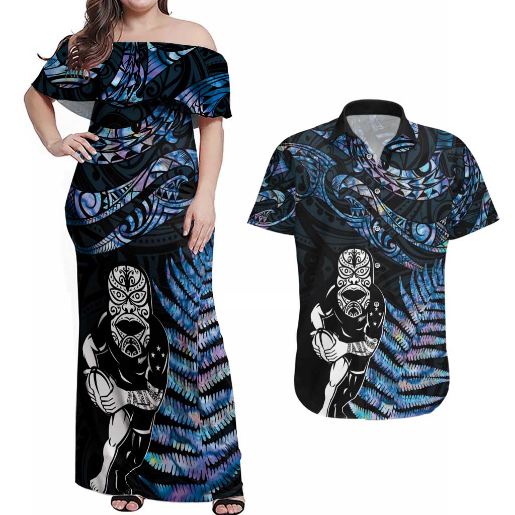 New Zealand Maori Rugby Personalised Couples Matching Off Shoulder Maxi Dress and Hawaiian Shirt Ta Moko Silver Fern - Paua Blue LT7 Blue - Polynesian Pride