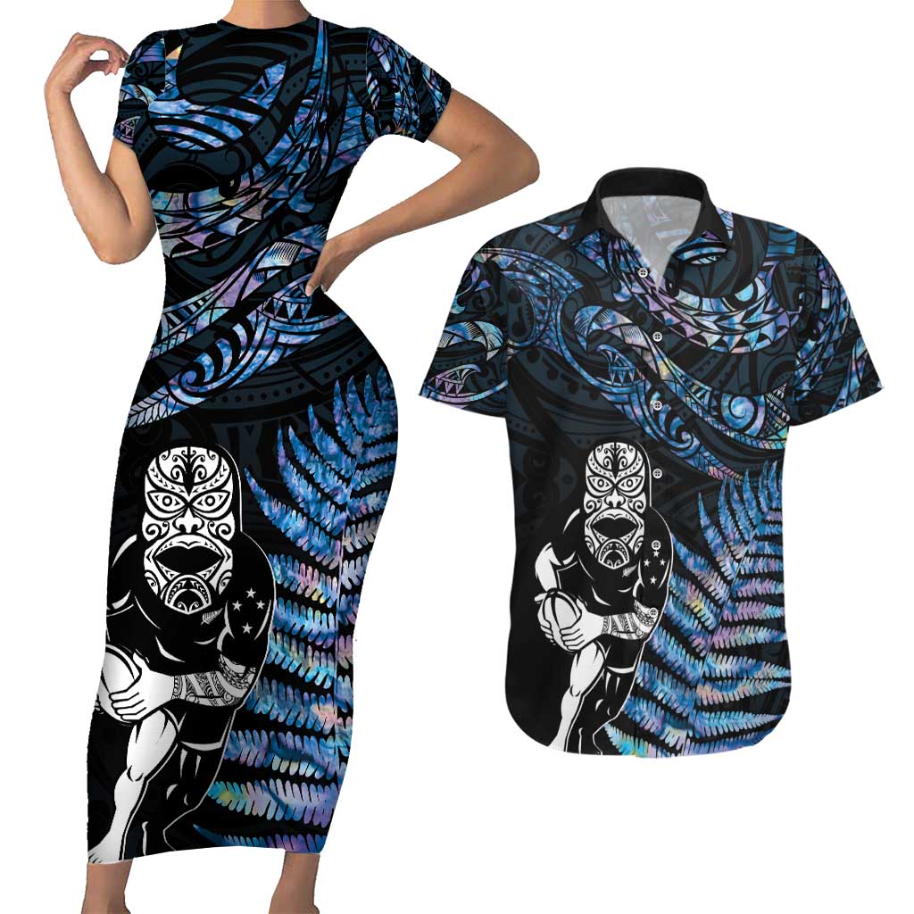 New Zealand Maori Rugby Personalised Couples Matching Short Sleeve Bodycon Dress and Hawaiian Shirt Ta Moko Silver Fern - Paua Blue LT7 Blue - Polynesian Pride