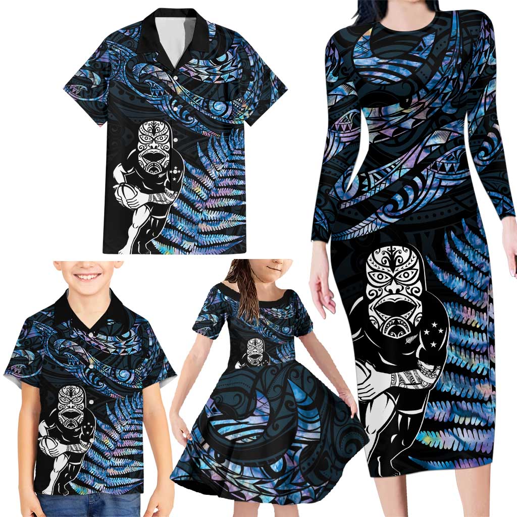 New Zealand Maori Rugby Personalised Family Matching Long Sleeve Bodycon Dress and Hawaiian Shirt Ta Moko Silver Fern - Paua Blue LT7 - Polynesian Pride