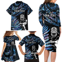 New Zealand Maori Rugby Personalised Family Matching Long Sleeve Bodycon Dress and Hawaiian Shirt Ta Moko Silver Fern - Paua Blue LT7 - Polynesian Pride