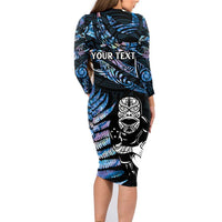 New Zealand Maori Rugby Personalised Family Matching Long Sleeve Bodycon Dress and Hawaiian Shirt Ta Moko Silver Fern - Paua Blue LT7 - Polynesian Pride