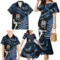 New Zealand Maori Rugby Personalised Family Matching Mermaid Dress and Hawaiian Shirt Ta Moko Silver Fern - Paua Blue LT7 - Polynesian Pride