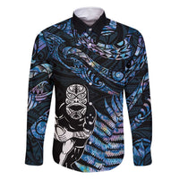 New Zealand Maori Rugby Personalised Family Matching Mermaid Dress and Hawaiian Shirt Ta Moko Silver Fern - Paua Blue LT7 Dad's Shirt - Long Sleeve Blue - Polynesian Pride
