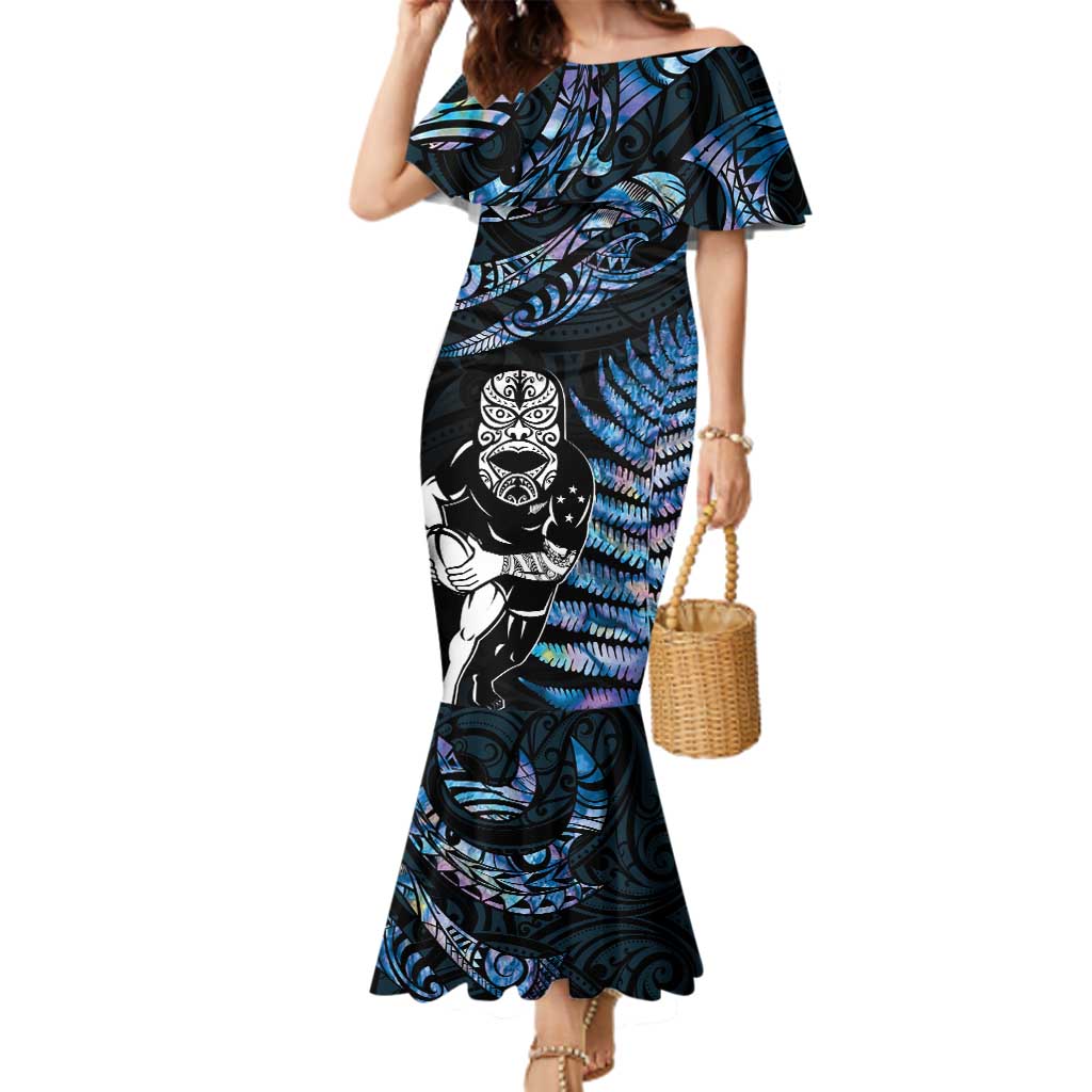 New Zealand Maori Rugby Personalised Family Matching Mermaid Dress and Hawaiian Shirt Ta Moko Silver Fern - Paua Blue LT7 Mom's Dress Blue - Polynesian Pride
