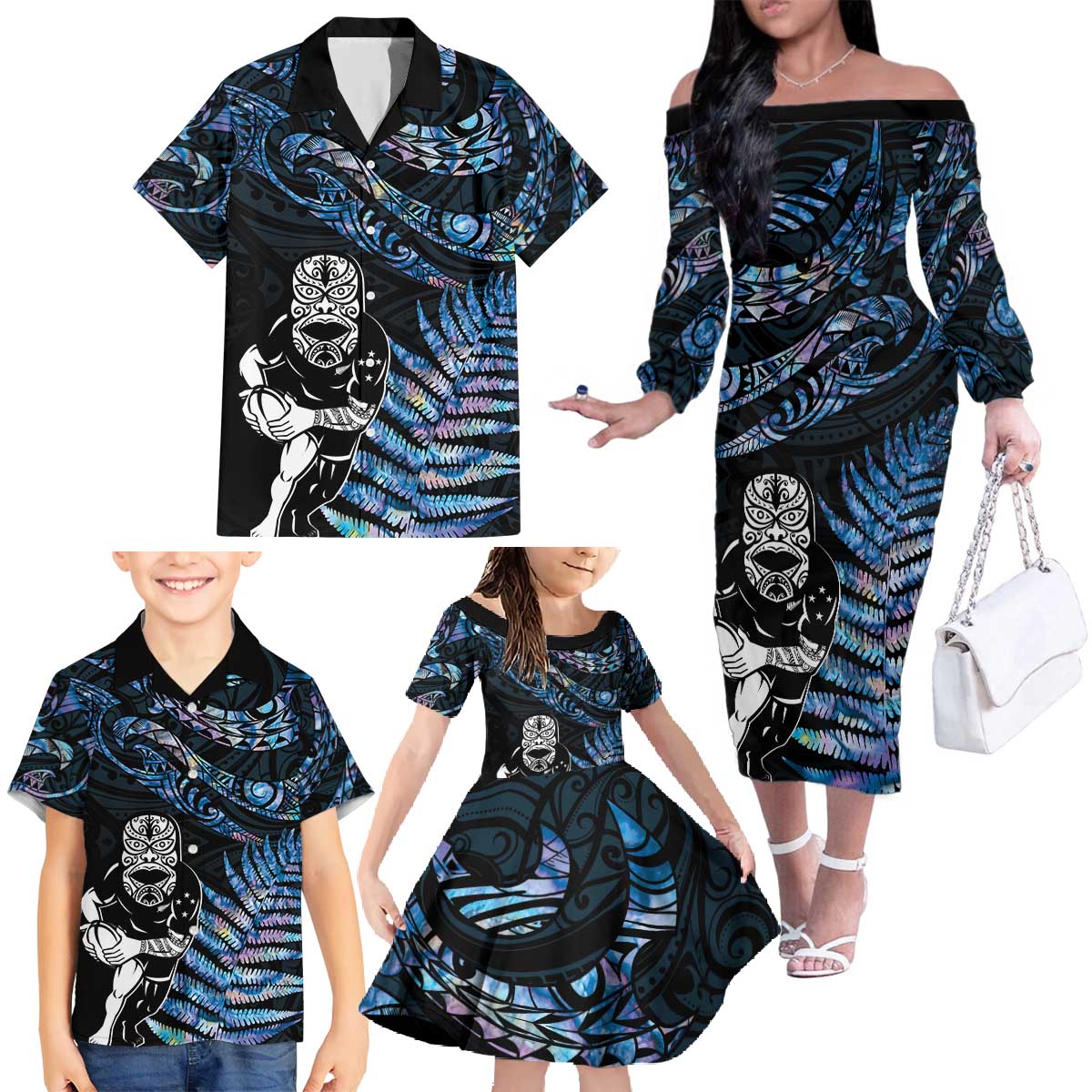 New Zealand Maori Rugby Personalised Family Matching Off The Shoulder Long Sleeve Dress and Hawaiian Shirt Ta Moko Silver Fern - Paua Blue LT7 - Polynesian Pride
