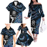 New Zealand Maori Rugby Personalised Family Matching Off The Shoulder Long Sleeve Dress and Hawaiian Shirt Ta Moko Silver Fern - Paua Blue LT7 - Polynesian Pride
