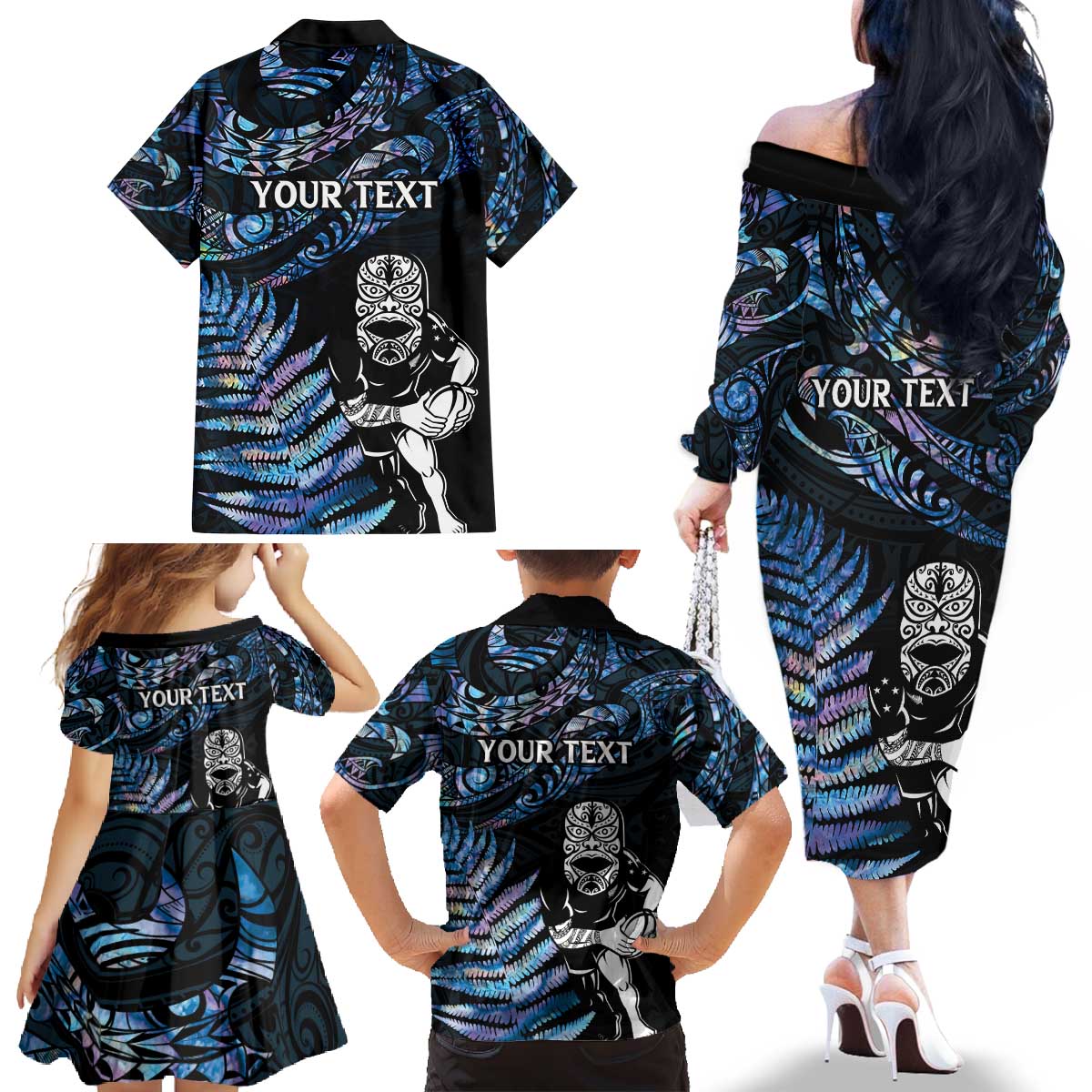 New Zealand Maori Rugby Personalised Family Matching Off The Shoulder Long Sleeve Dress and Hawaiian Shirt Ta Moko Silver Fern - Paua Blue LT7 - Polynesian Pride