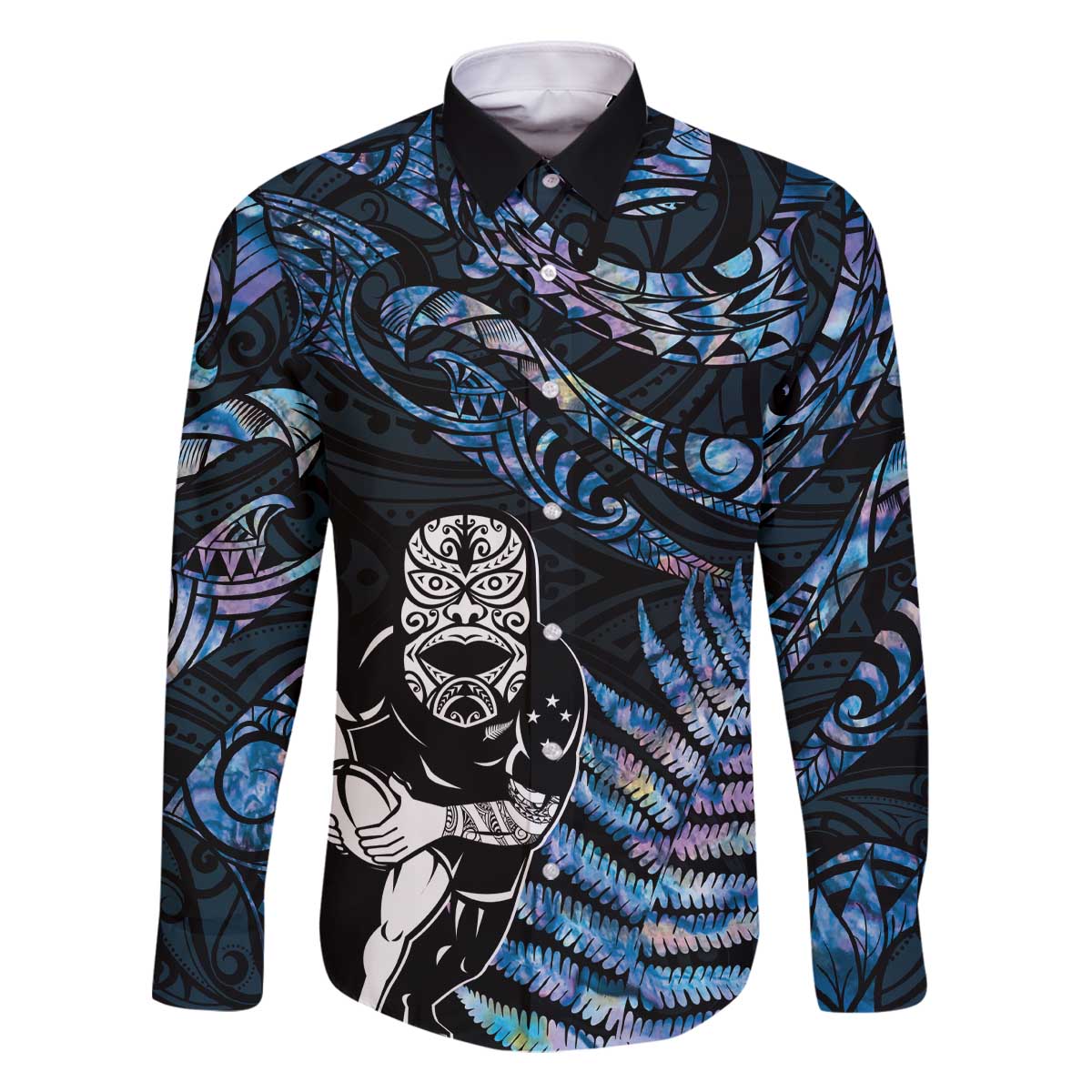 New Zealand Maori Rugby Personalised Family Matching Off The Shoulder Long Sleeve Dress and Hawaiian Shirt Ta Moko Silver Fern - Paua Blue LT7 Dad's Shirt - Long Sleeve Blue - Polynesian Pride