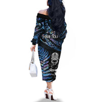 New Zealand Maori Rugby Personalised Family Matching Off The Shoulder Long Sleeve Dress and Hawaiian Shirt Ta Moko Silver Fern - Paua Blue LT7 - Polynesian Pride