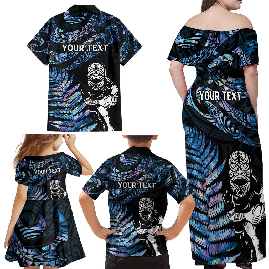 New Zealand Maori Rugby Personalised Family Matching Off Shoulder Maxi Dress and Hawaiian Shirt Ta Moko Silver Fern - Paua Blue LT7 - Polynesian Pride