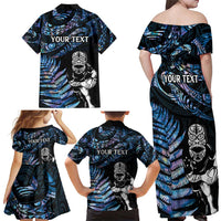 New Zealand Maori Rugby Personalised Family Matching Off Shoulder Maxi Dress and Hawaiian Shirt Ta Moko Silver Fern - Paua Blue LT7 - Polynesian Pride