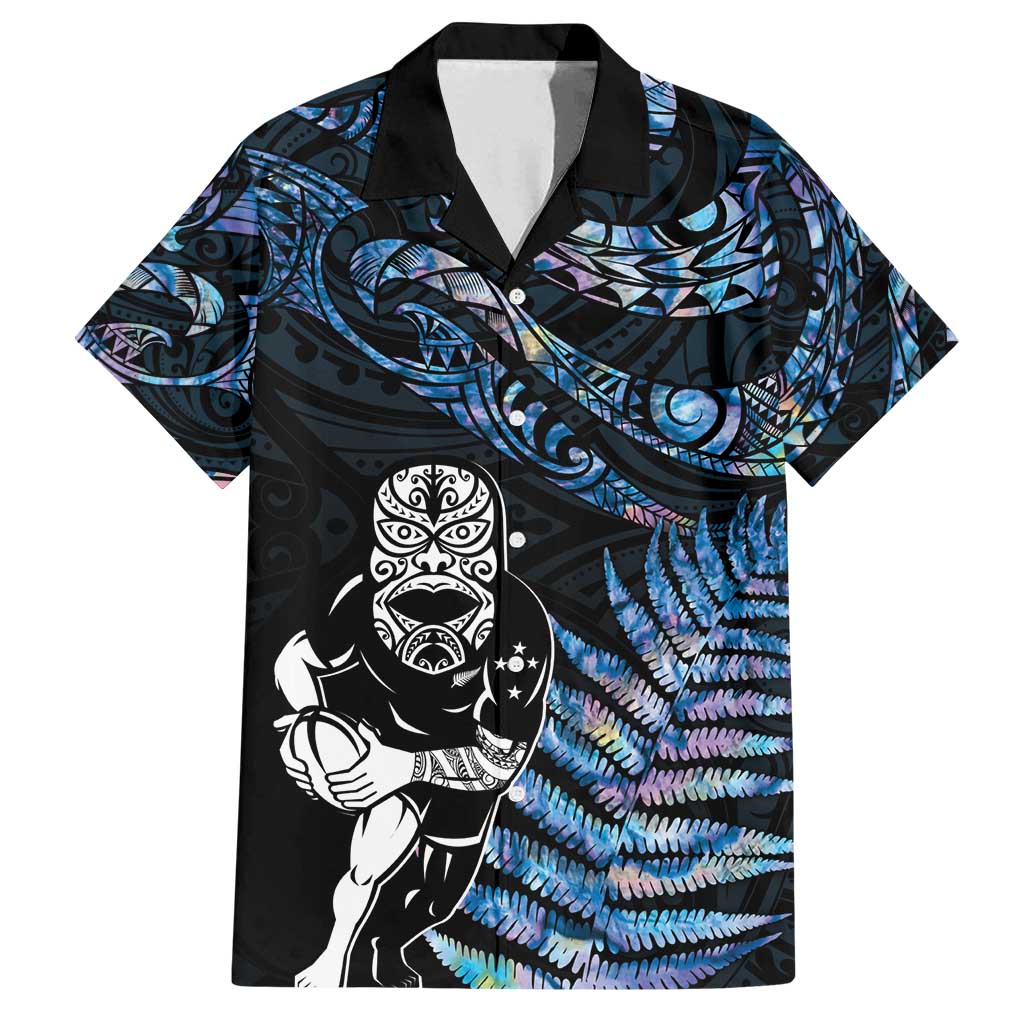 New Zealand Maori Rugby Personalised Family Matching Off Shoulder Maxi Dress and Hawaiian Shirt Ta Moko Silver Fern - Paua Blue LT7 Dad's Shirt - Short Sleeve Blue - Polynesian Pride