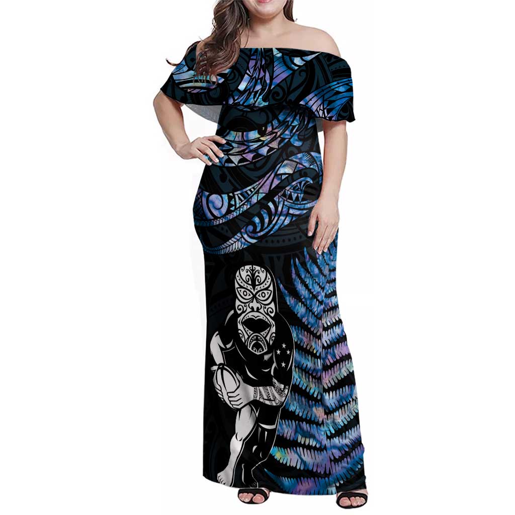 New Zealand Maori Rugby Personalised Family Matching Off Shoulder Maxi Dress and Hawaiian Shirt Ta Moko Silver Fern - Paua Blue LT7 Mom's Dress Blue - Polynesian Pride