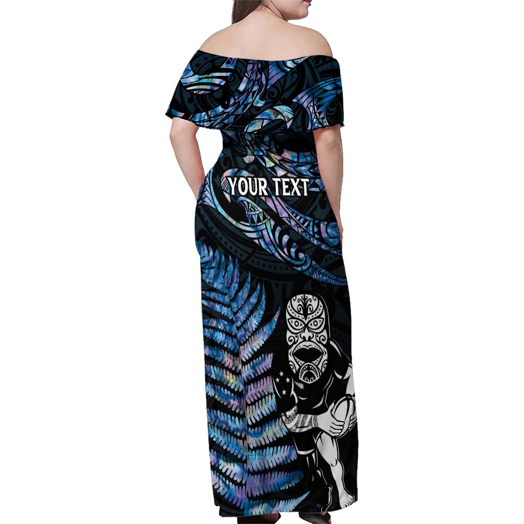 New Zealand Maori Rugby Personalised Family Matching Off Shoulder Maxi Dress and Hawaiian Shirt Ta Moko Silver Fern - Paua Blue LT7 - Polynesian Pride