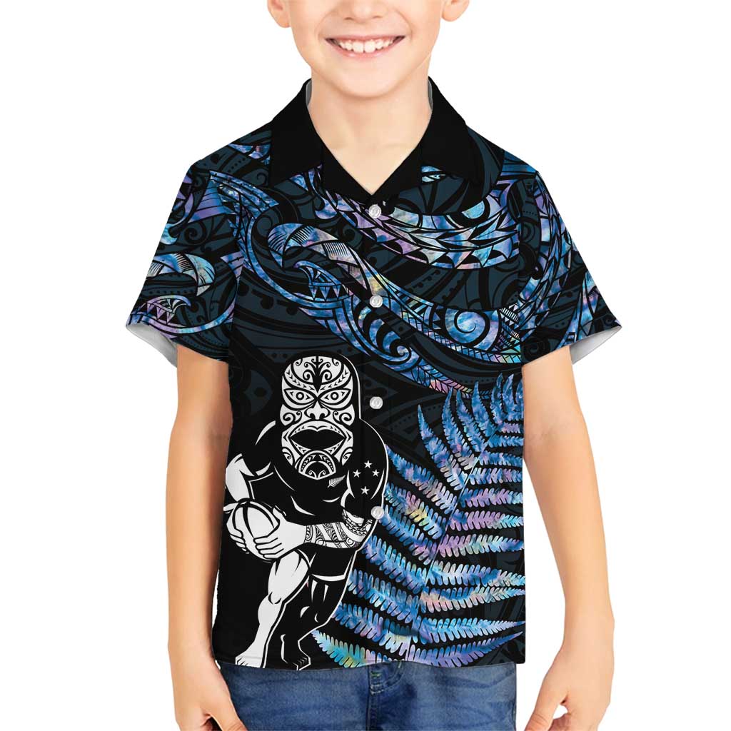New Zealand Maori Rugby Personalised Family Matching Off Shoulder Maxi Dress and Hawaiian Shirt Ta Moko Silver Fern - Paua Blue LT7 Son's Shirt Blue - Polynesian Pride