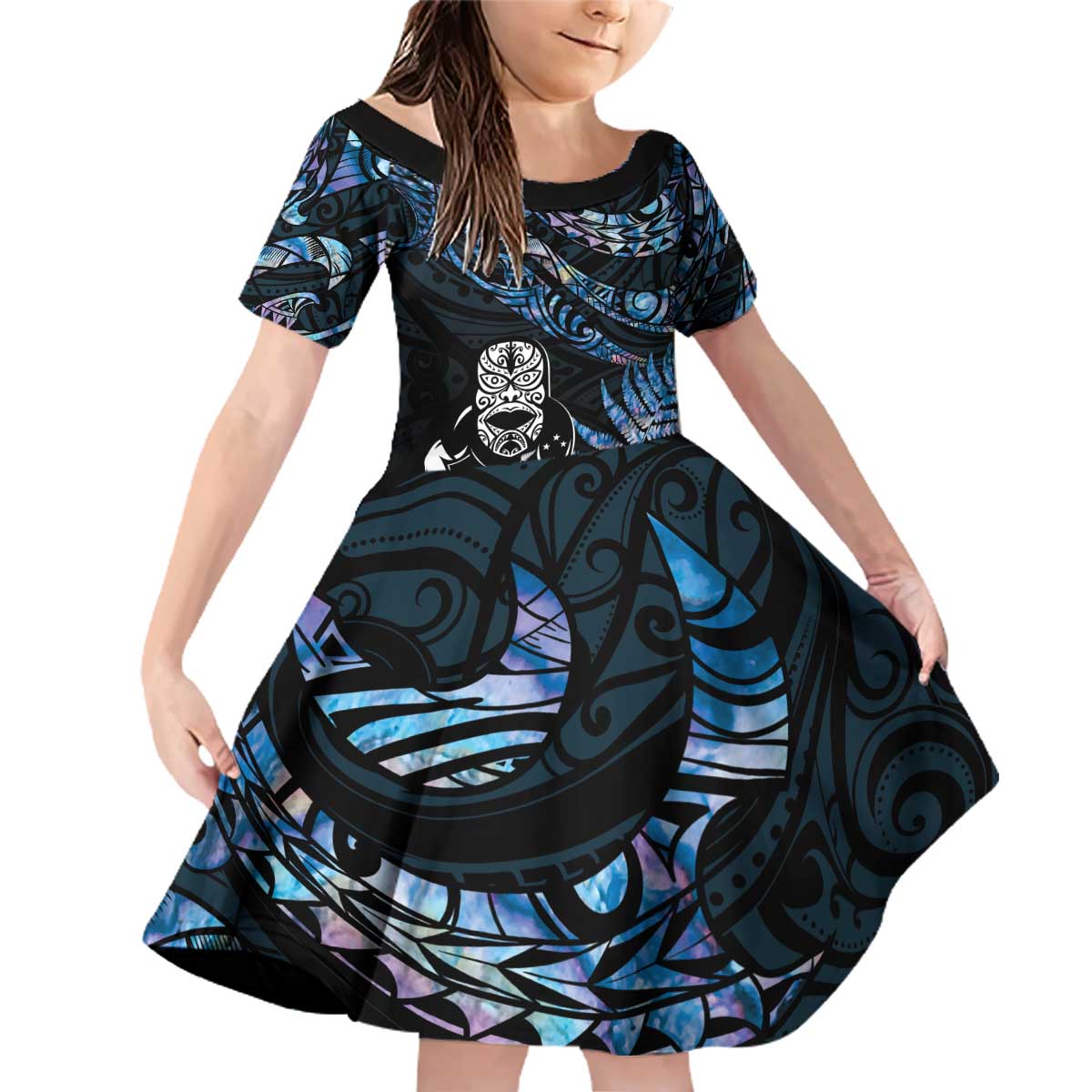 New Zealand Maori Rugby Personalised Family Matching Off Shoulder Short Dress and Hawaiian Shirt Ta Moko Silver Fern - Paua Blue LT7 Daughter's Dress Blue - Polynesian Pride