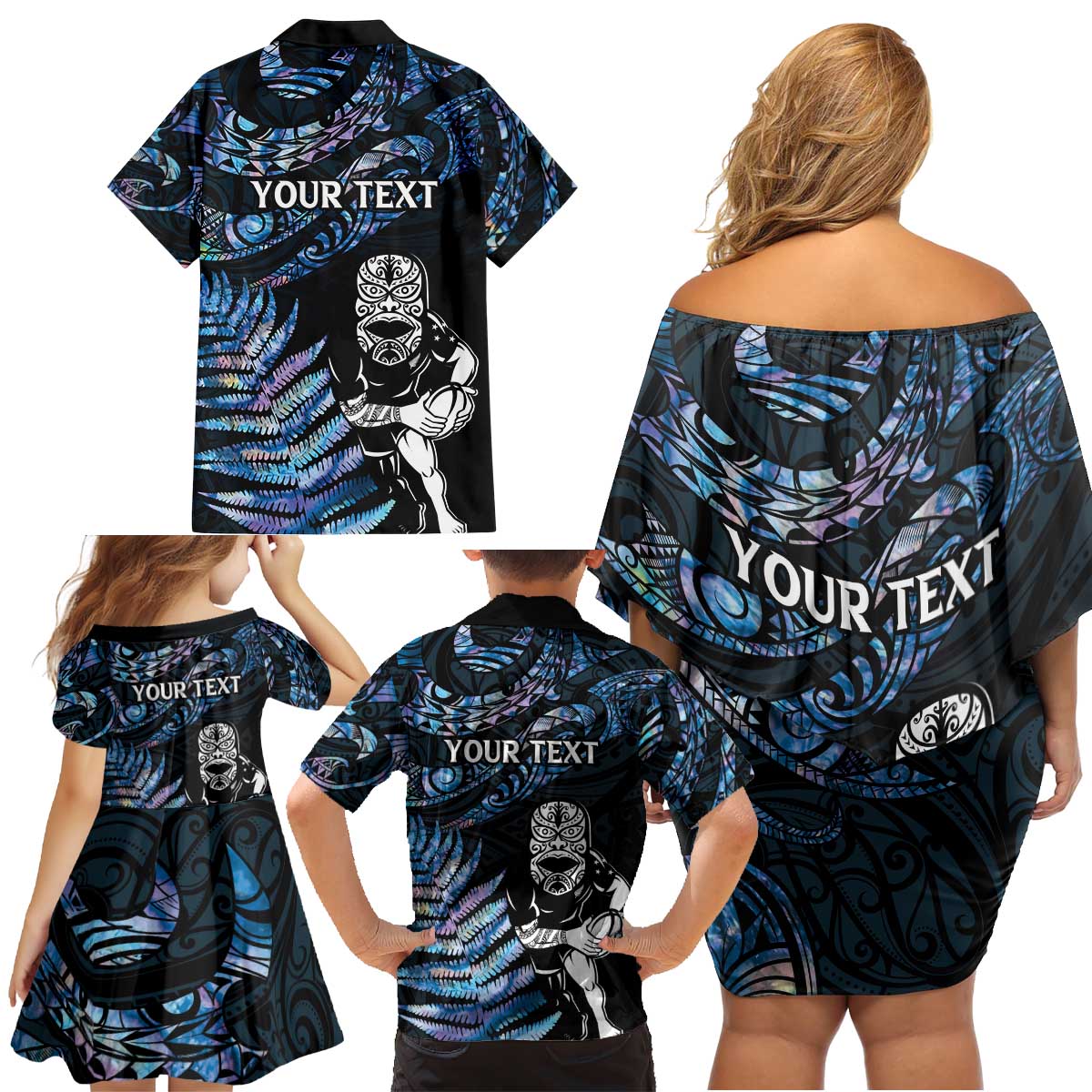 New Zealand Maori Rugby Personalised Family Matching Off Shoulder Short Dress and Hawaiian Shirt Ta Moko Silver Fern - Paua Blue LT7 - Polynesian Pride