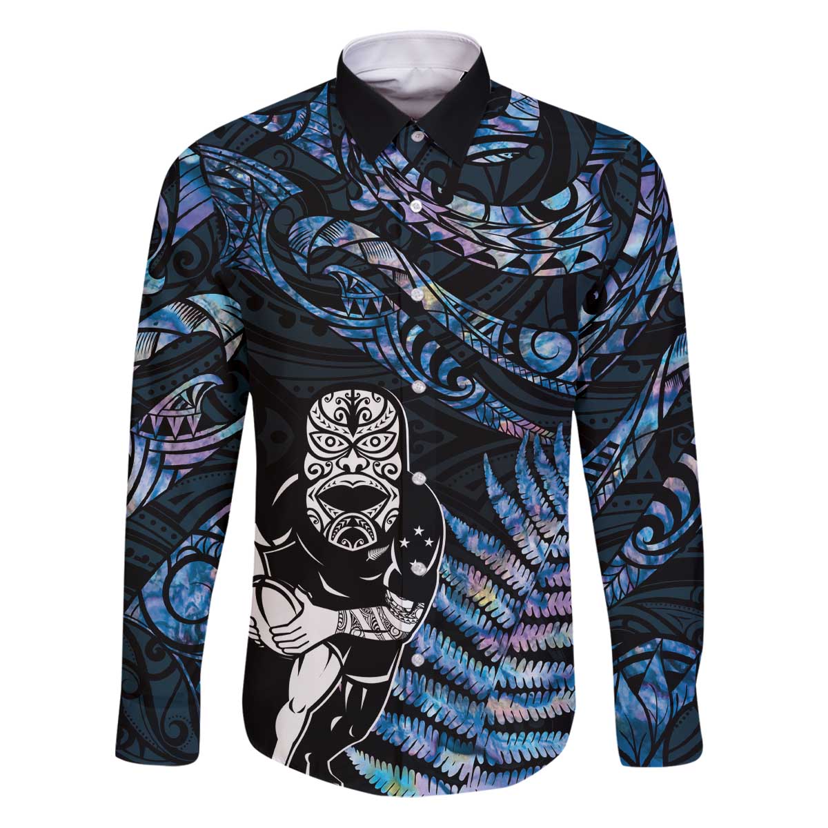 New Zealand Maori Rugby Personalised Family Matching Puletasi and Hawaiian Shirt Ta Moko Silver Fern - Paua Blue LT7 Dad's Shirt - Long Sleeve Blue - Polynesian Pride