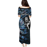 New Zealand Maori Rugby Personalised Family Matching Puletasi and Hawaiian Shirt Ta Moko Silver Fern - Paua Blue LT7 - Polynesian Pride