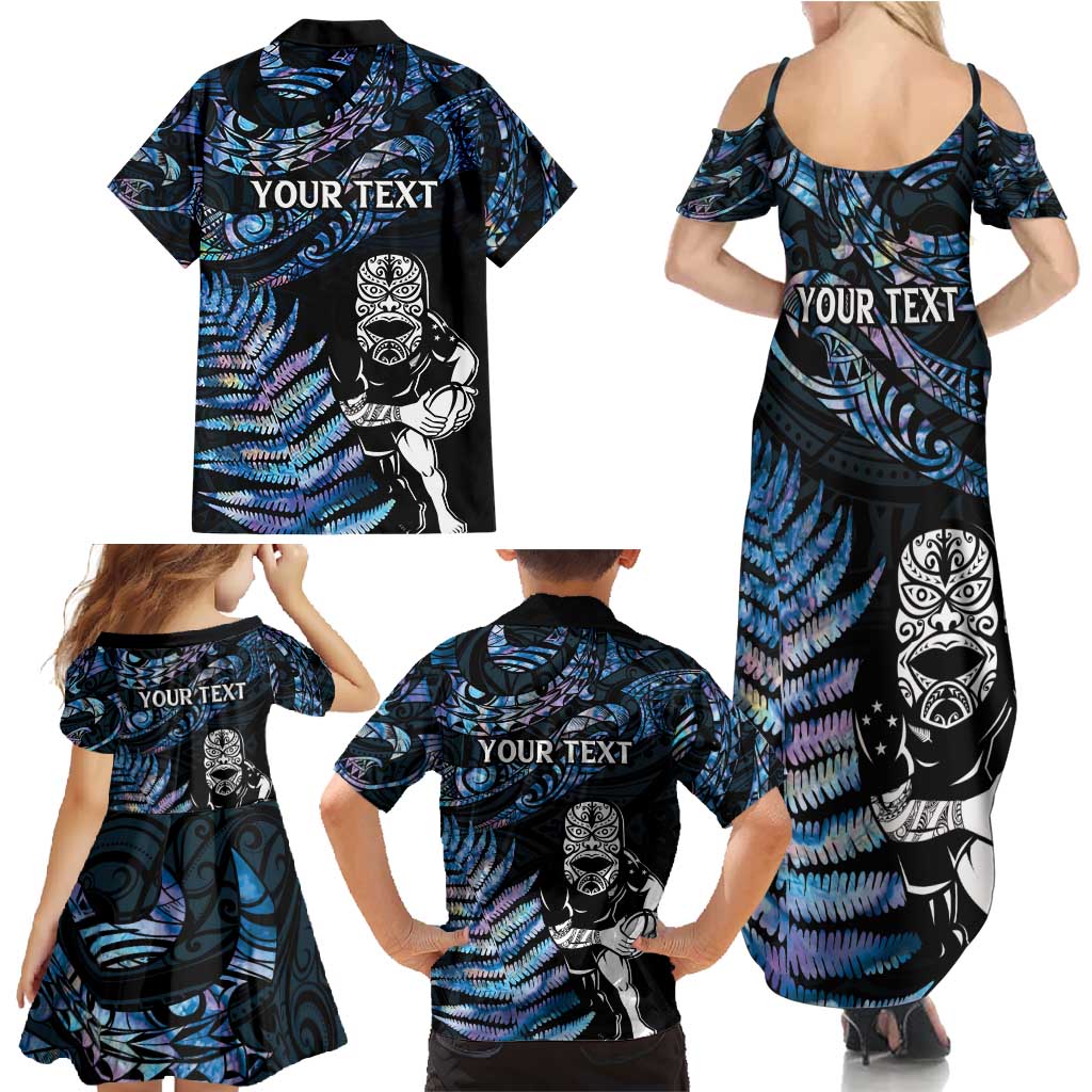 New Zealand Maori Rugby Personalised Family Matching Summer Maxi Dress and Hawaiian Shirt Ta Moko Silver Fern - Paua Blue LT7 - Polynesian Pride