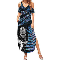New Zealand Maori Rugby Personalised Family Matching Summer Maxi Dress and Hawaiian Shirt Ta Moko Silver Fern - Paua Blue LT7 Mom's Dress Blue - Polynesian Pride