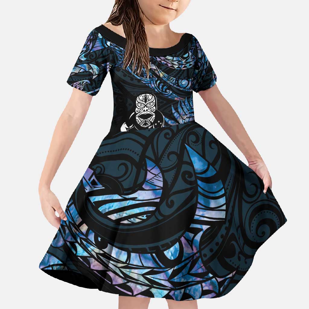 New Zealand Maori Rugby Personalised Family Matching Tank Maxi Dress and Hawaiian Shirt Ta Moko Silver Fern - Paua Blue LT7 Daughter's Dress Blue - Polynesian Pride