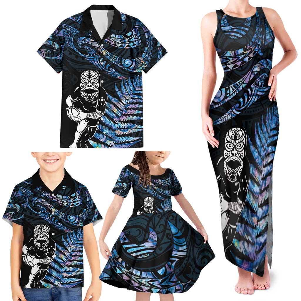 New Zealand Maori Rugby Personalised Family Matching Tank Maxi Dress and Hawaiian Shirt Ta Moko Silver Fern - Paua Blue LT7 - Polynesian Pride
