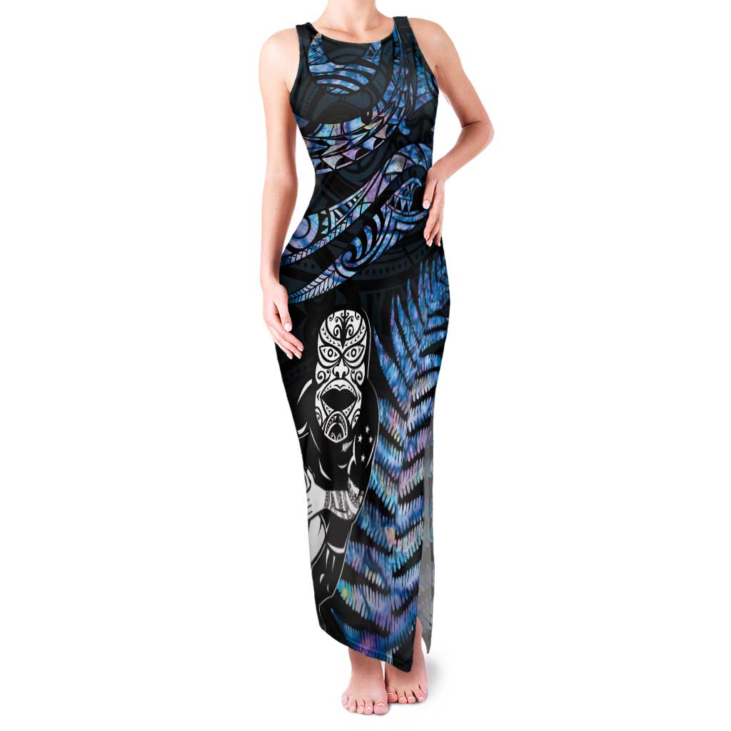 New Zealand Maori Rugby Personalised Family Matching Tank Maxi Dress and Hawaiian Shirt Ta Moko Silver Fern - Paua Blue LT7 Mom's Dress Blue - Polynesian Pride