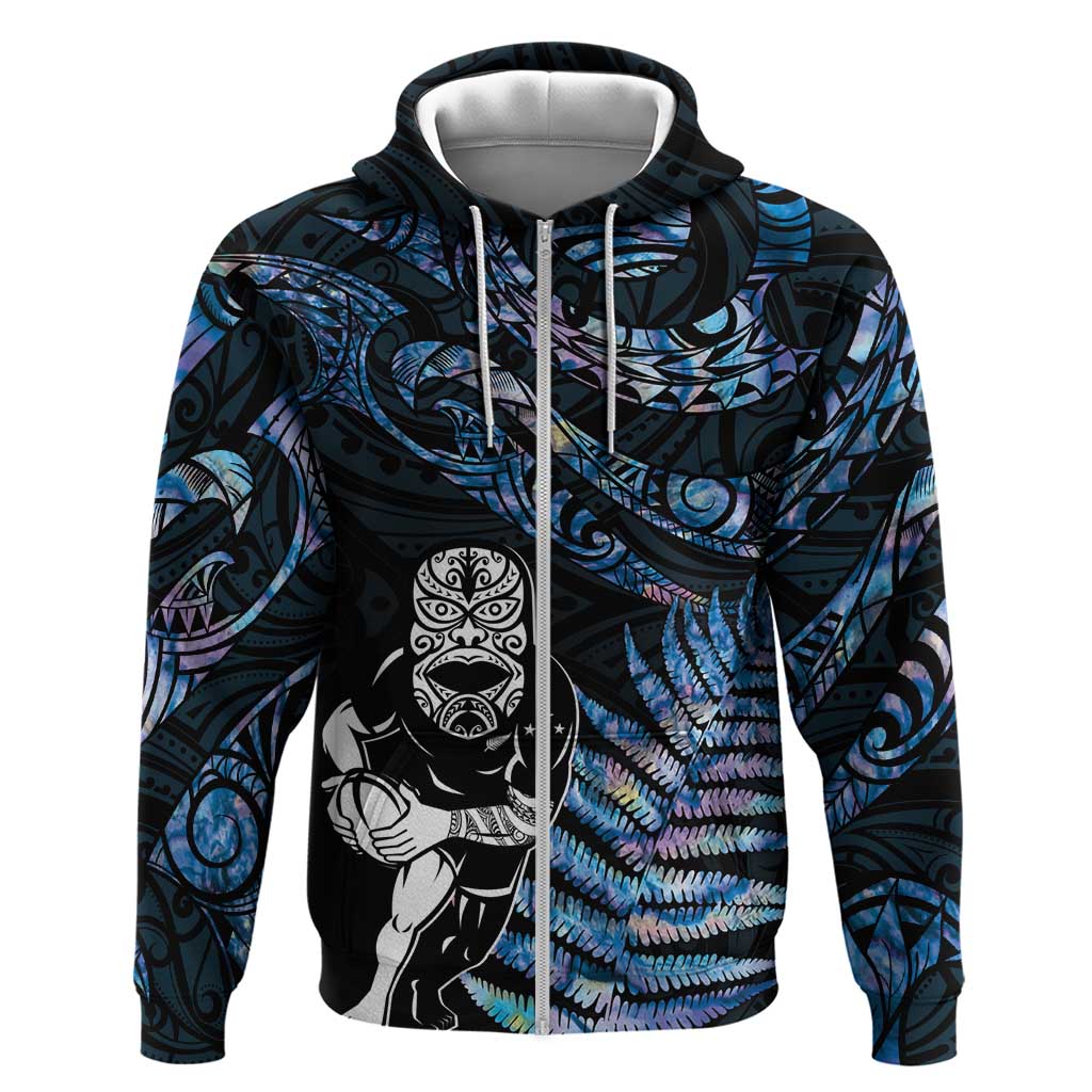 New Zealand Maori Rugby Personalised Hoodie Ta Moko Silver Fern - Paua Blue LT7 Zip Hoodie Blue - Polynesian Pride
