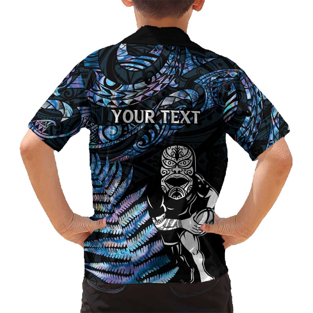 New Zealand Maori Rugby Personalised Kid Hawaiian Shirt Ta Moko Silver Fern - Paua Blue LT7 - Polynesian Pride