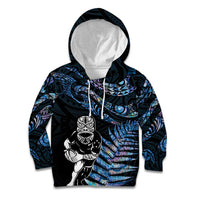 New Zealand Maori Rugby Personalised Kid Hoodie Ta Moko Silver Fern - Paua Blue LT7 Hoodie Blue - Polynesian Pride