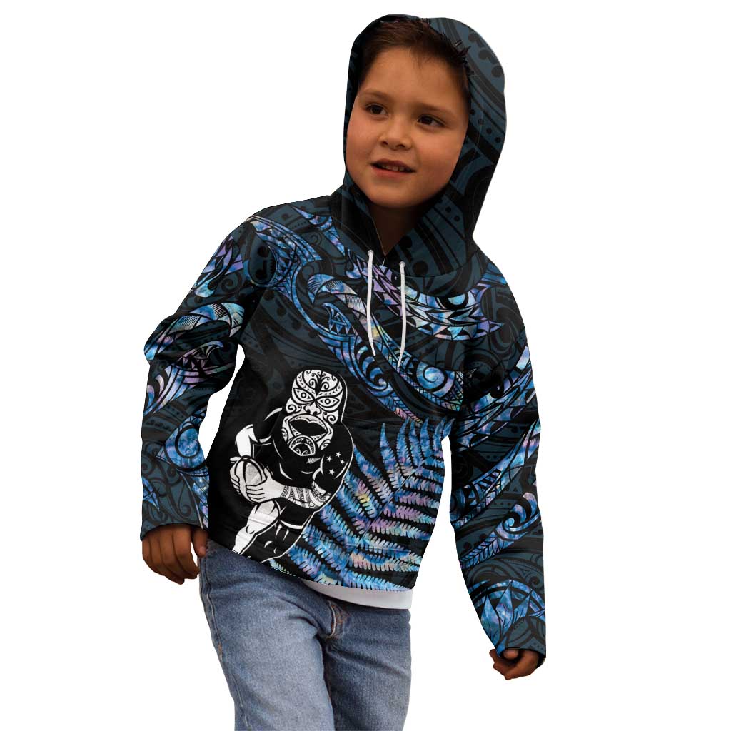 New Zealand Maori Rugby Personalised Kid Hoodie Ta Moko Silver Fern - Paua Blue LT7 - Polynesian Pride