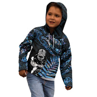 New Zealand Maori Rugby Personalised Kid Hoodie Ta Moko Silver Fern - Paua Blue LT7 - Polynesian Pride