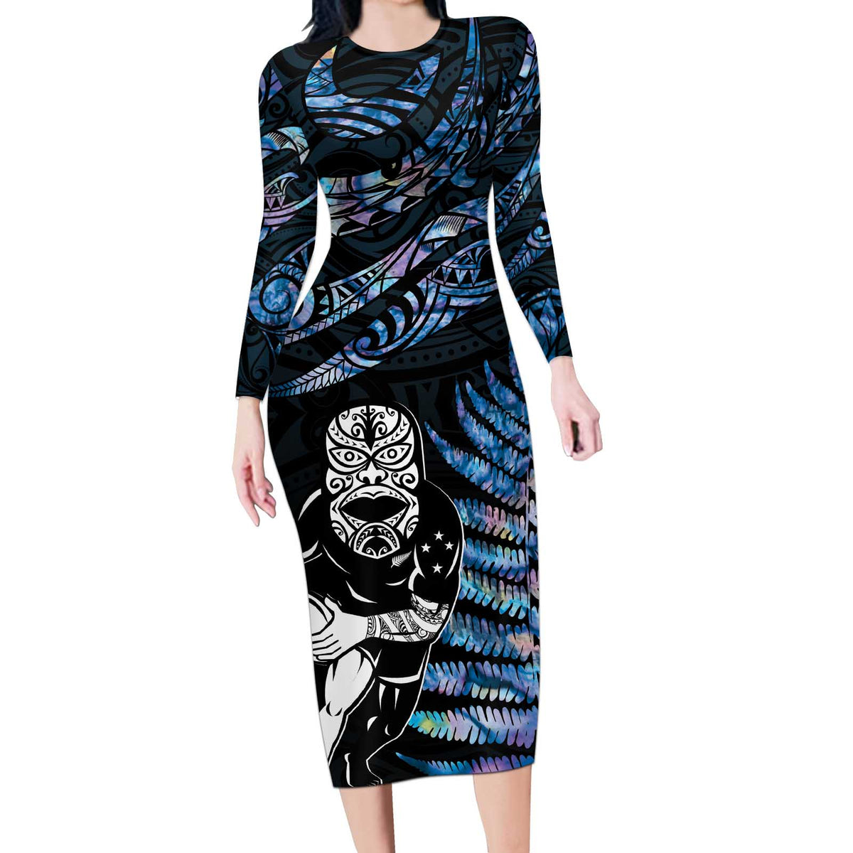New Zealand Maori Rugby Personalised Long Sleeve Bodycon Dress Ta Moko Silver Fern - Paua Blue LT7 Long Dress Blue - Polynesian Pride