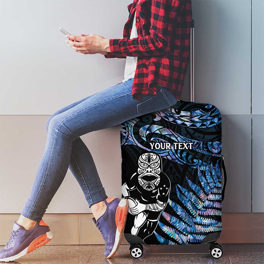 New Zealand Maori Rugby Personalised Luggage Cover Ta Moko Silver Fern - Paua Blue LT7 - Polynesian Pride