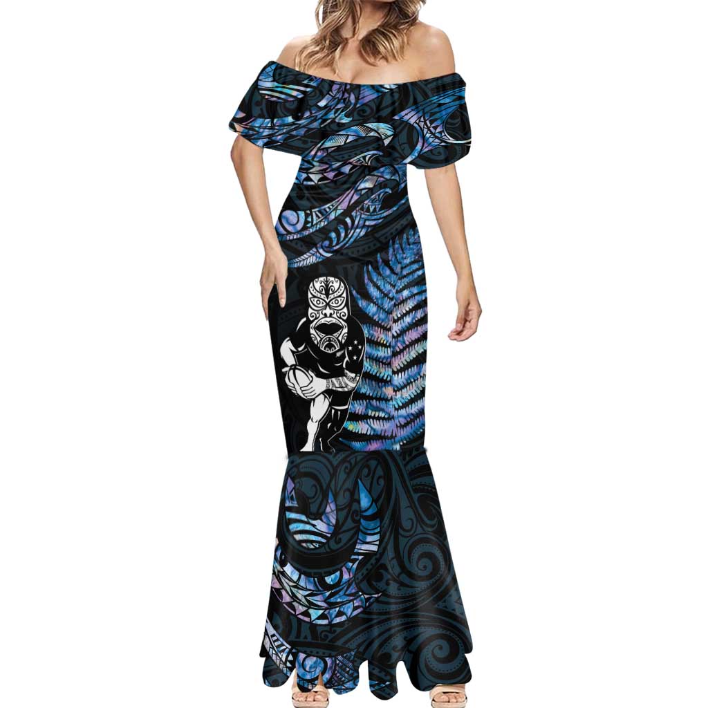 New Zealand Maori Rugby Personalised Mermaid Dress Ta Moko Silver Fern - Paua Blue LT7 - Polynesian Pride