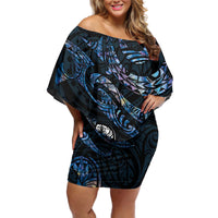 New Zealand Maori Rugby Personalised Off Shoulder Short Dress Ta Moko Silver Fern - Paua Blue LT7 Women Blue - Polynesian Pride