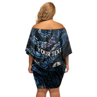 New Zealand Maori Rugby Personalised Off Shoulder Short Dress Ta Moko Silver Fern - Paua Blue LT7 - Polynesian Pride