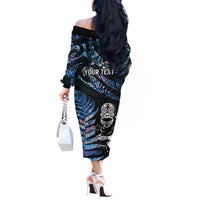 New Zealand Maori Rugby Personalised Off The Shoulder Long Sleeve Dress Ta Moko Silver Fern - Paua Blue LT7 - Polynesian Pride