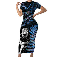 New Zealand Maori Rugby Personalised Short Sleeve Bodycon Dress Ta Moko Silver Fern - Paua Blue LT7 Long Dress Blue - Polynesian Pride