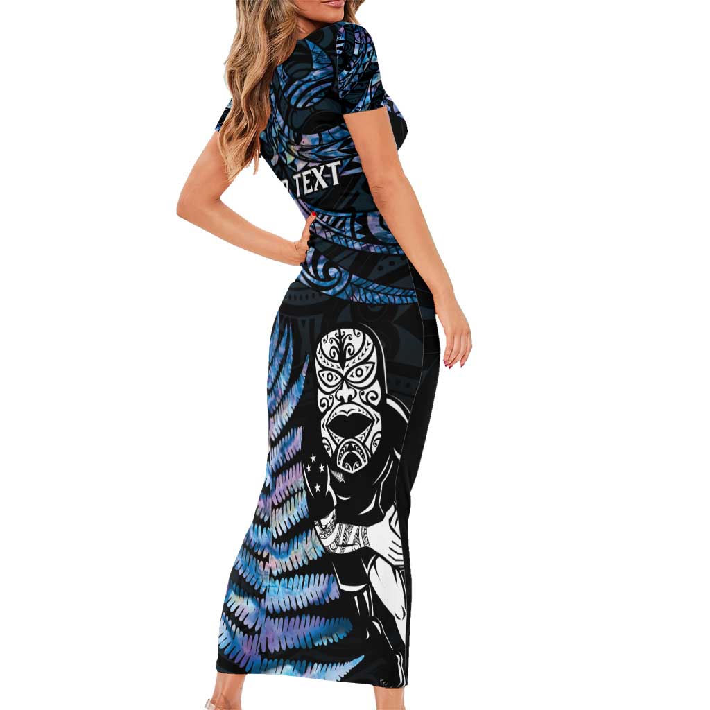 New Zealand Maori Rugby Personalised Short Sleeve Bodycon Dress Ta Moko Silver Fern - Paua Blue LT7 - Polynesian Pride