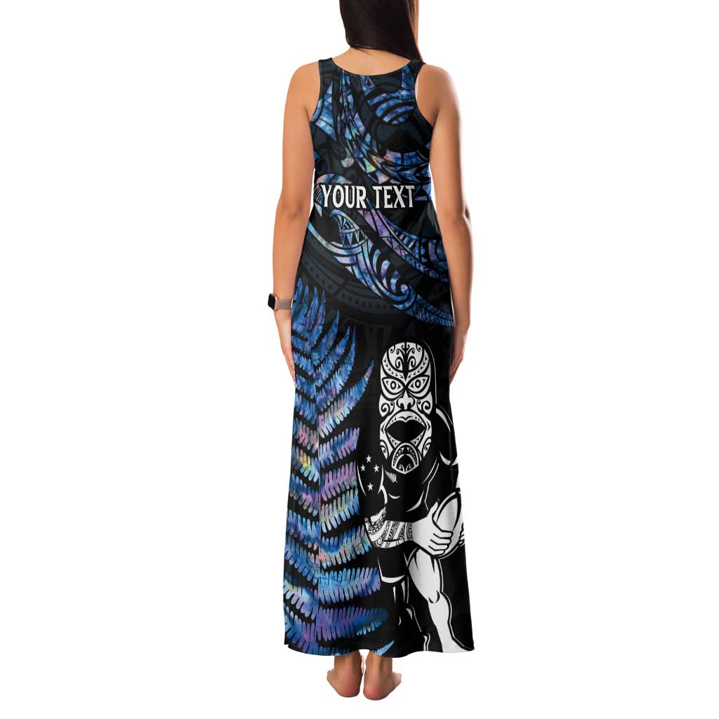 New Zealand Maori Rugby Personalised Tank Maxi Dress Ta Moko Silver Fern - Paua Blue LT7 - Polynesian Pride