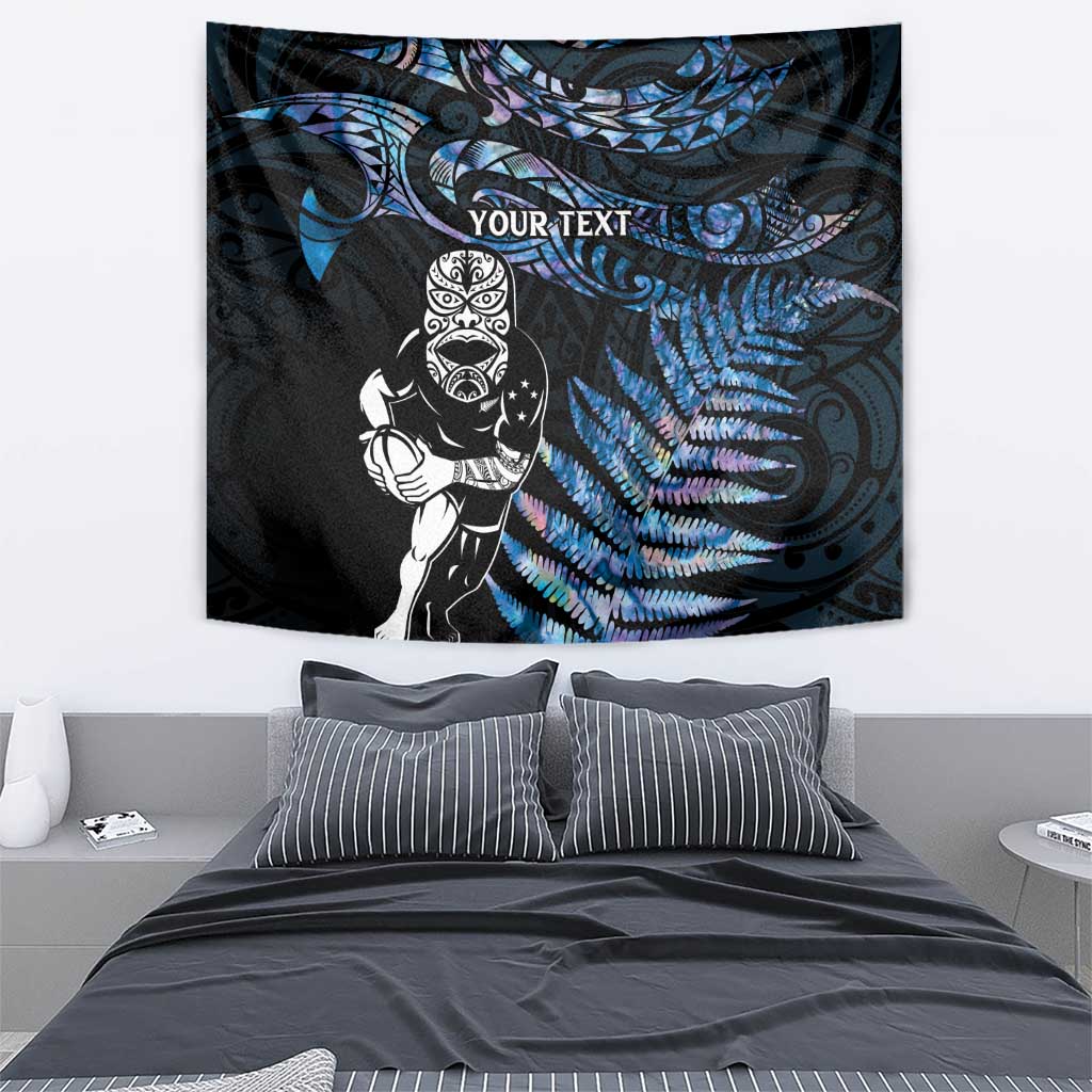 New Zealand Maori Rugby Personalised Tapestry Ta Moko Silver Fern - Paua Blue