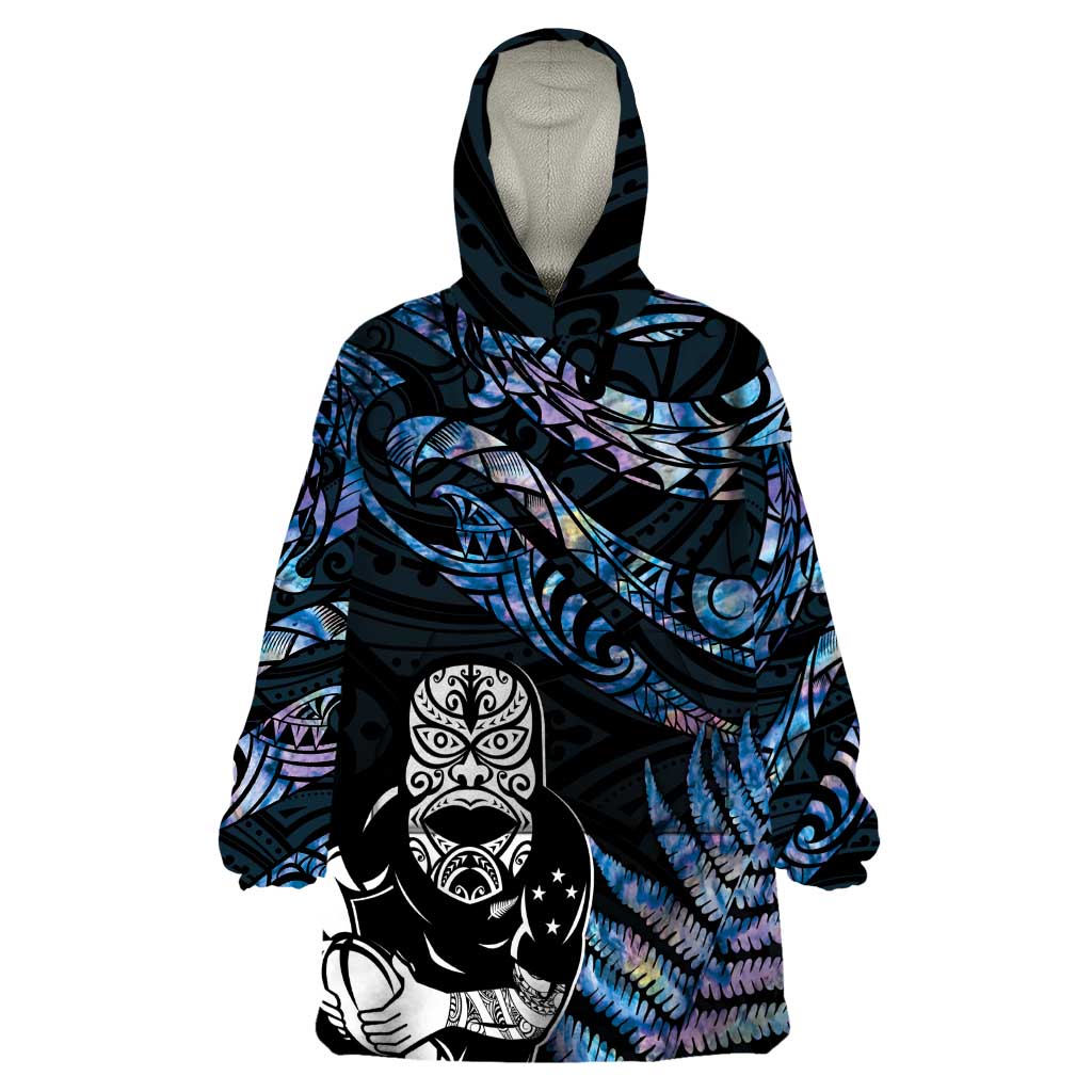 New Zealand Maori Rugby Personalised Wearable Blanket Hoodie Ta Moko Silver Fern - Paua Blue LT7 One Size Blue - Polynesian Pride