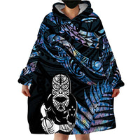 New Zealand Maori Rugby Personalised Wearable Blanket Hoodie Ta Moko Silver Fern - Paua Blue LT7 - Polynesian Pride