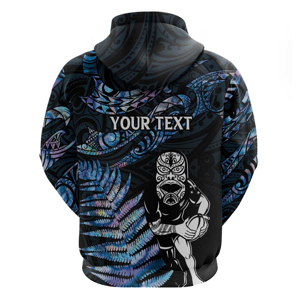 New Zealand Maori Rugby Personalised Zip Hoodie Ta Moko Silver Fern - Paua Blue LT7 - Polynesian Pride