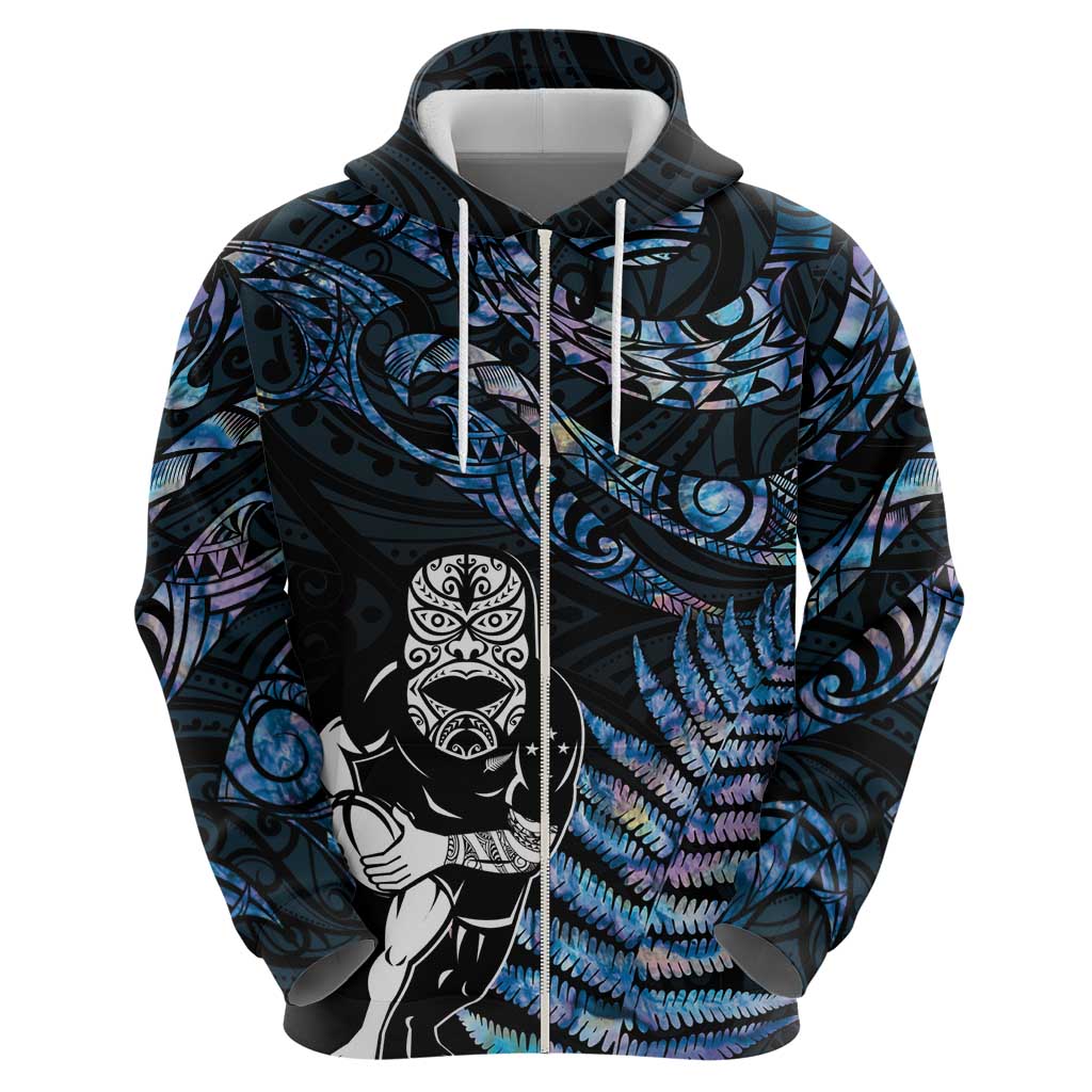 New Zealand Maori Rugby Personalised Zip Hoodie Ta Moko Silver Fern - Paua Blue LT7 - Polynesian Pride