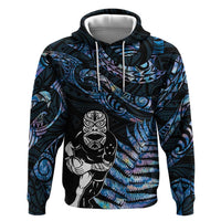 New Zealand Maori Rugby Personalised Zip Hoodie Ta Moko Silver Fern - Paua Blue LT7 Pullover Hoodie Blue - Polynesian Pride